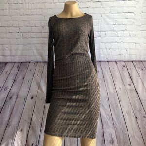 2 piece brown ribbed body con skirt and top